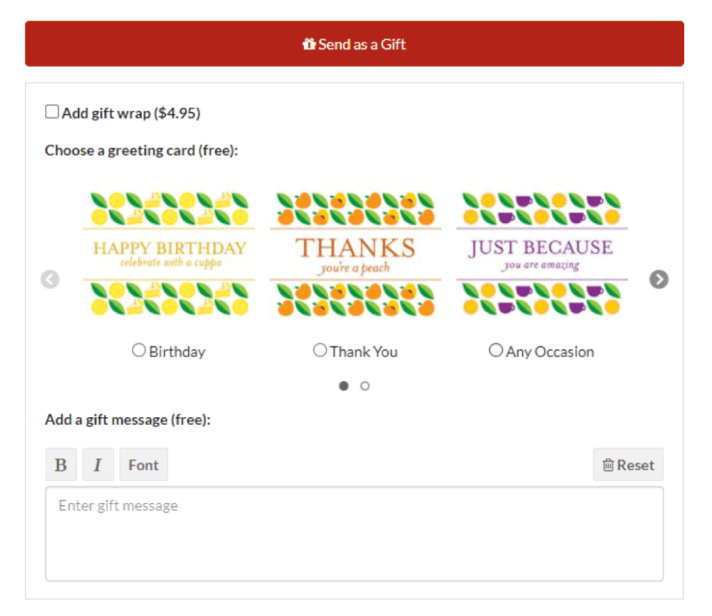 Screenshot of personalized gift messaging