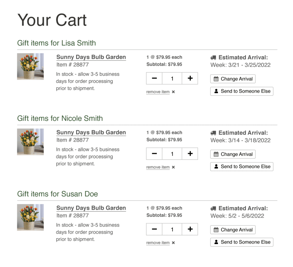 Screenshot of shopping cart showing multiple ship-to capabilities