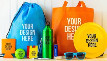 Sample of custom printed promotional products including tote bags, frisbee, water bottle and more